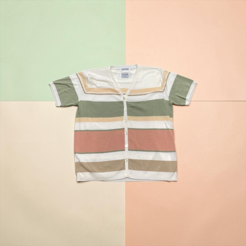 Alfred Dunner Vintage Striped Short Sleeve Cardigan Shell Twin Set Pink Green